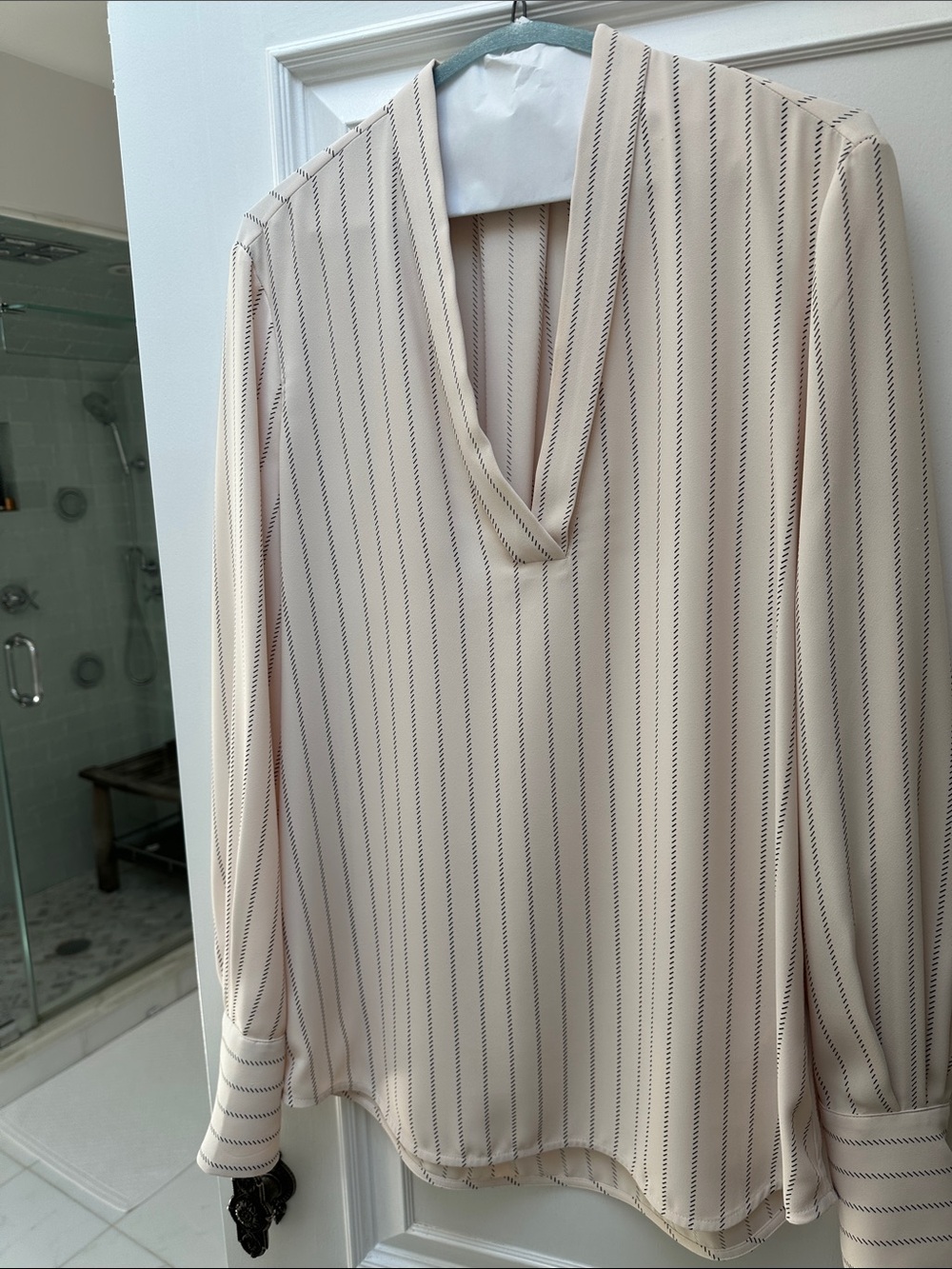 Equipment Women’s Cream Striped V-Neck Blouse